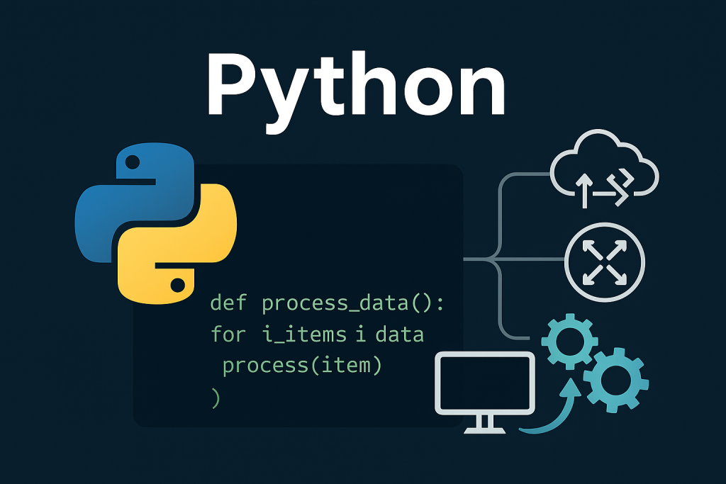 Digital illustration showing Python code integrated with networking icons for automation and data parsing which is what python for network engineers needs to cover
