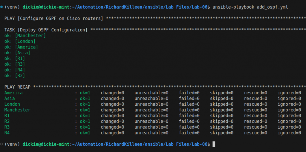 image show the output of running the playbook to configure ospf with ansible and jinja2 templates