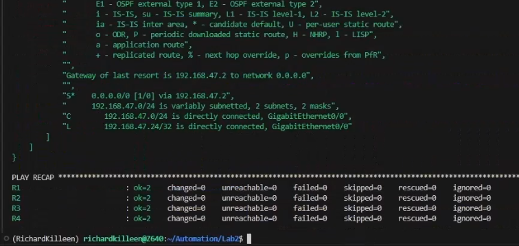 image showing ansible automation has applied a default static route