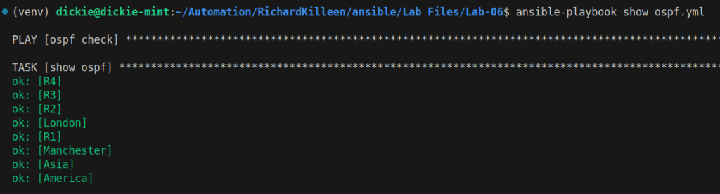 image showing the output of running the ansible ospf playbook
