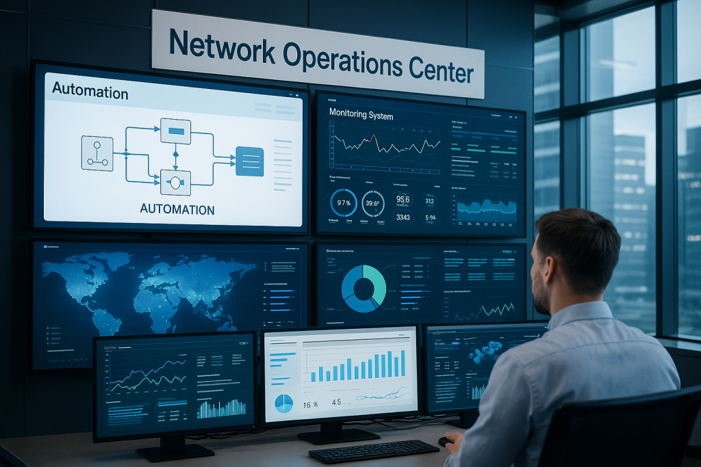 Modern network operations centre showing automation dashboards and monitoring systems which having a ccnp spcor will help