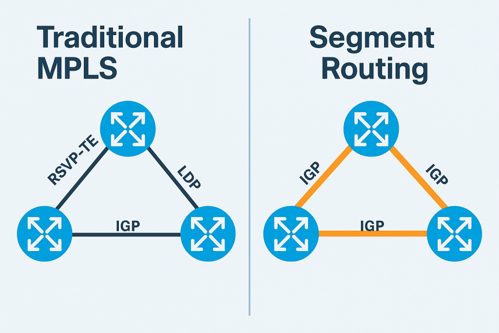 Simple network diagram comparing traditional MPLS with multiple protocols vs segment routing with just IGP