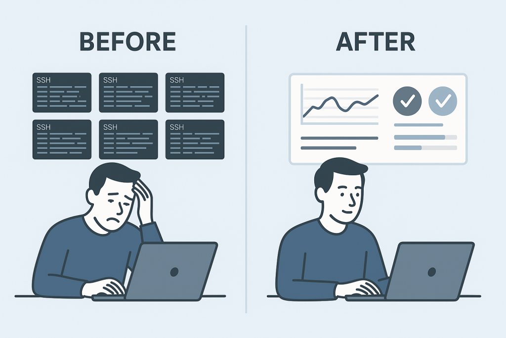 image showing a network engineer before and after deploting Cisco pyATS