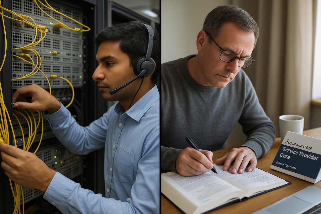 Split-screen showing network engineers working on live service provider equipment and certification study materials
