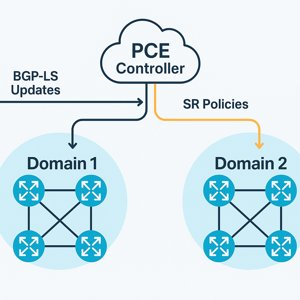 an image of segment routing Network architecture showing PCE controller receiving BGP-LS updates and pushing SR policies to multiple domains