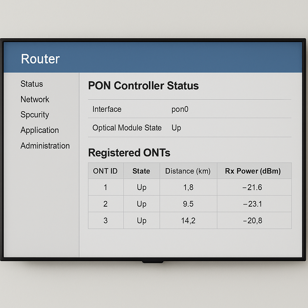 image showing the olt and onu status of devices being used on the passive optical networks