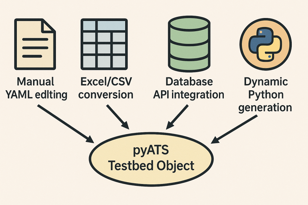  Architecture diagram showing different testbed creation methods - manual YAML editing, Excel/CSV conversion, database API integration, and dynamic Python generation - all feeding into a central pyATS testbed object