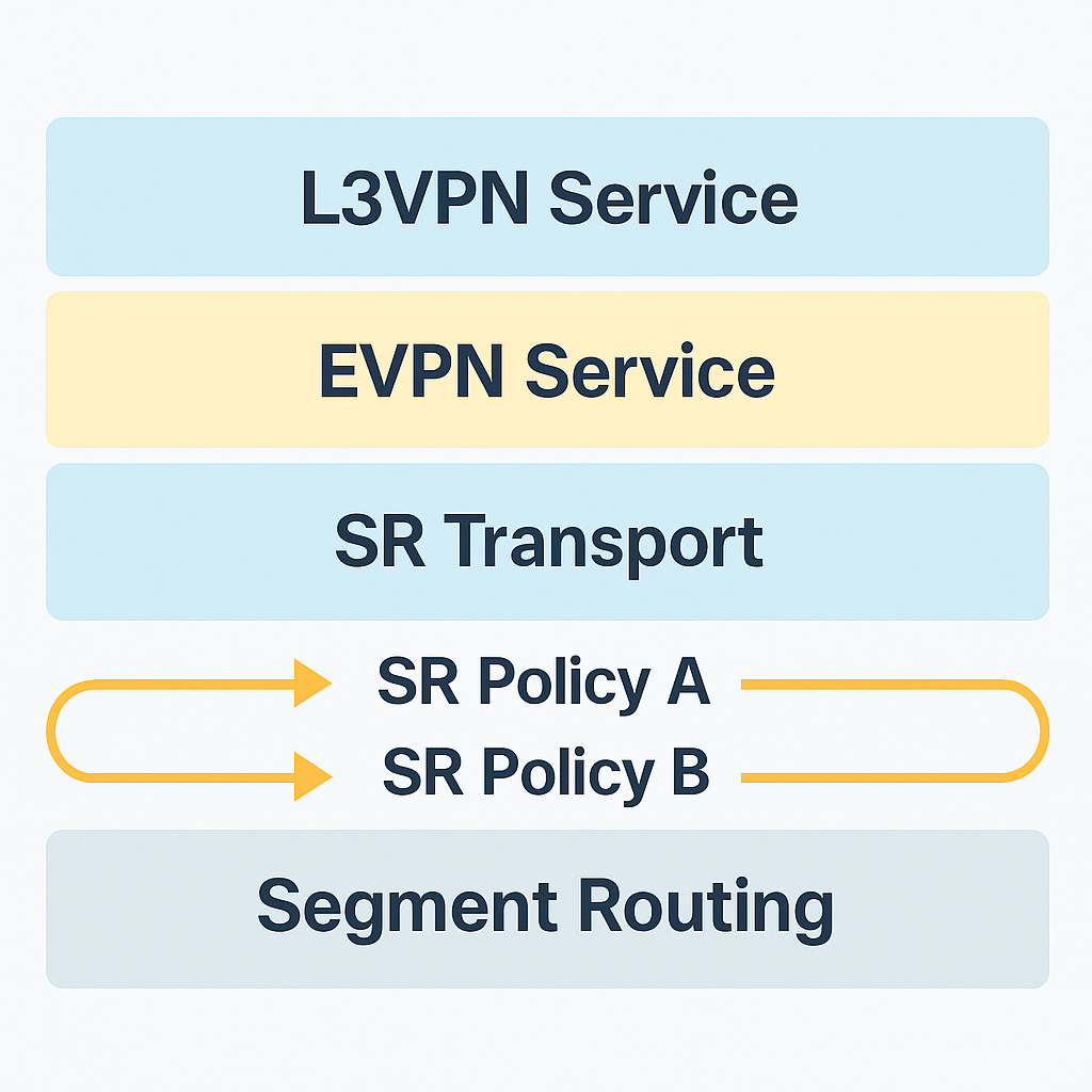  an image showing Service stack diagram showing L3VPN/EVPN services running over segment routing transport with different SR policies for different services