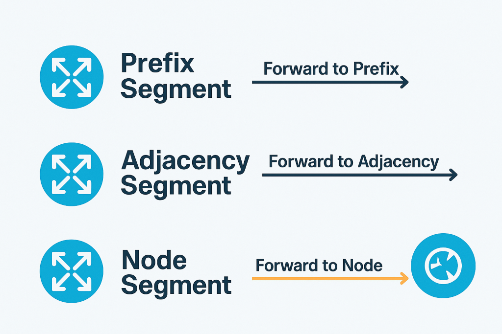 a simple segment routing Network diagram showing the different segment types with labels and how they're used in forwarding