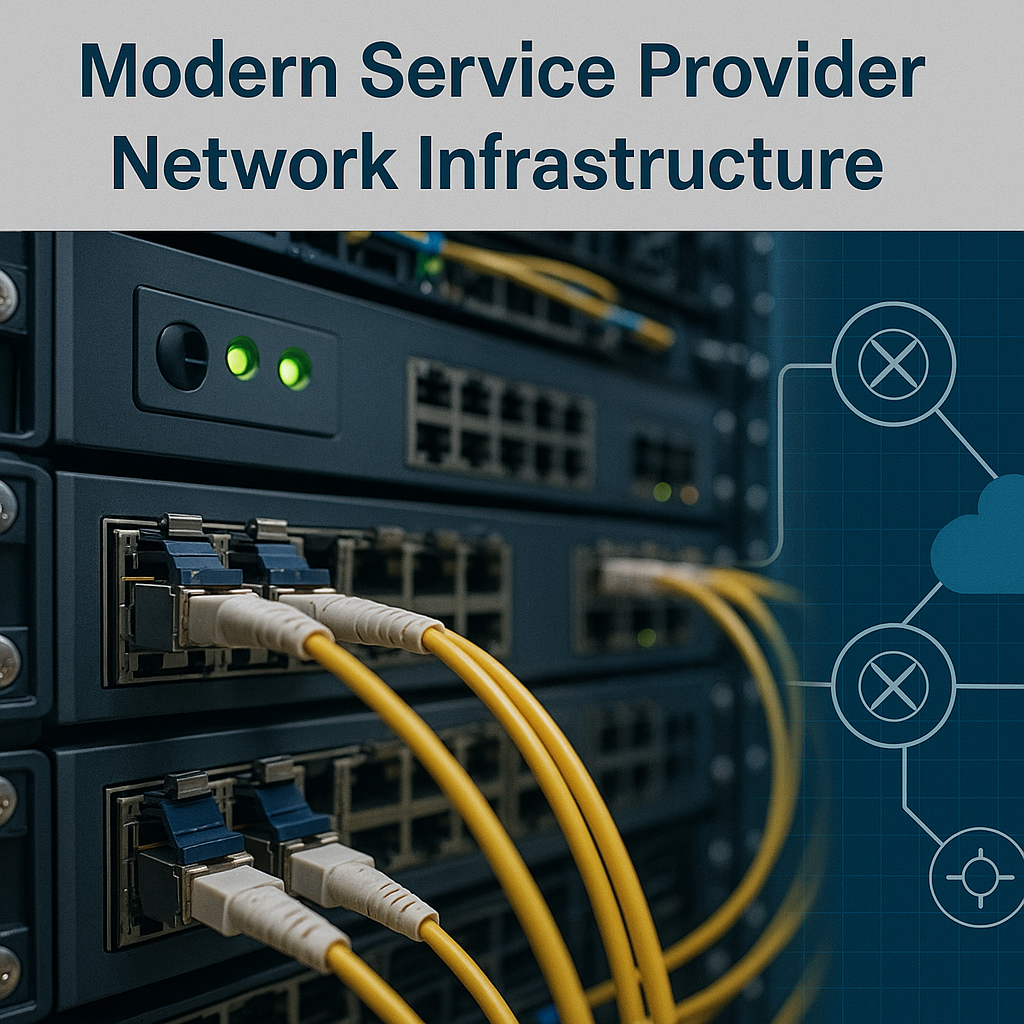 Professional header image showing modern service provider network infrastructure with routers, optical fibres, and network topology diagrams