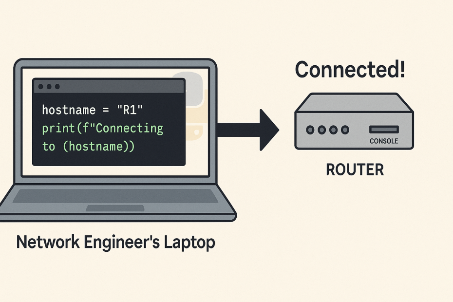 Main blog post image showing a network engineer’s laptop running a simple Python script to connect to a network device