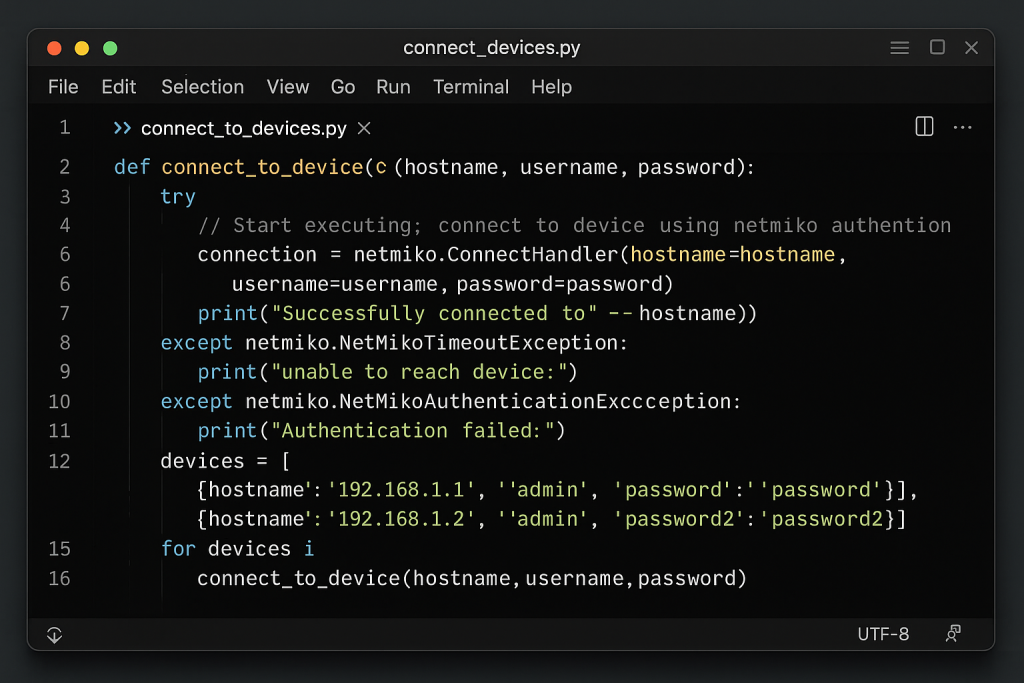 Code editor screenshot showing network automation script with error handling for device connections