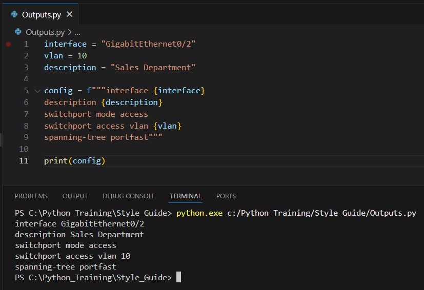 vs code output showing the use of f-strings with python strings