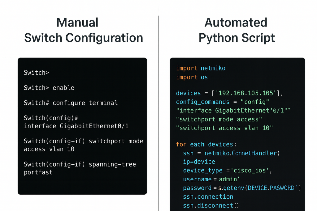 Screenshot showing manual switch configuration process vs automated Python script deployment across multiple devices and is what we will do while we learn python for network engineers course