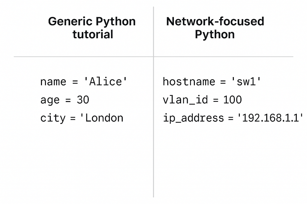 Image that shows networking focused syntax that we will be using to learn python for network engineers