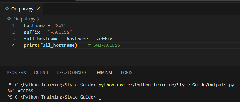 vs code snipped showing basic python string concantanation