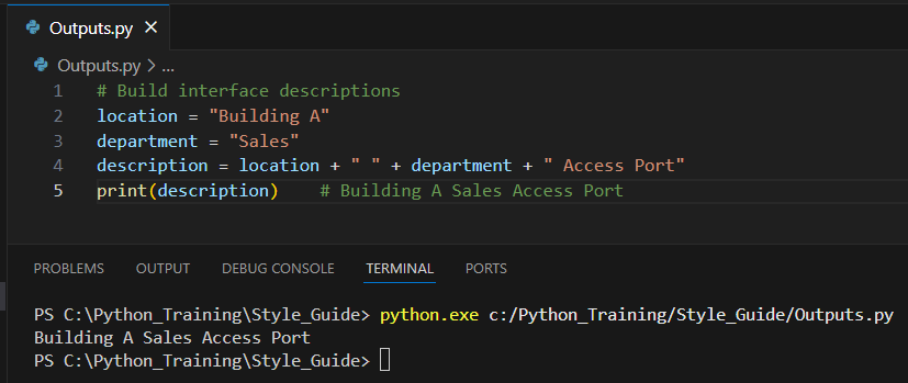 vs code output showing more advanced python strings in operation