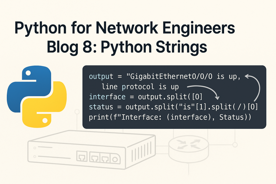 Main blog image for Python for Network Engineers Blog 8: Python Strings, showing Python code parsing interface status from a router