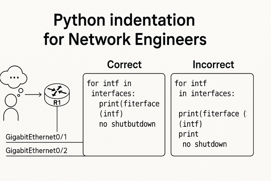 Python indentation example for network engineers, showing correct and incorrect indentation in a Python script automating Cisco router interface configuration