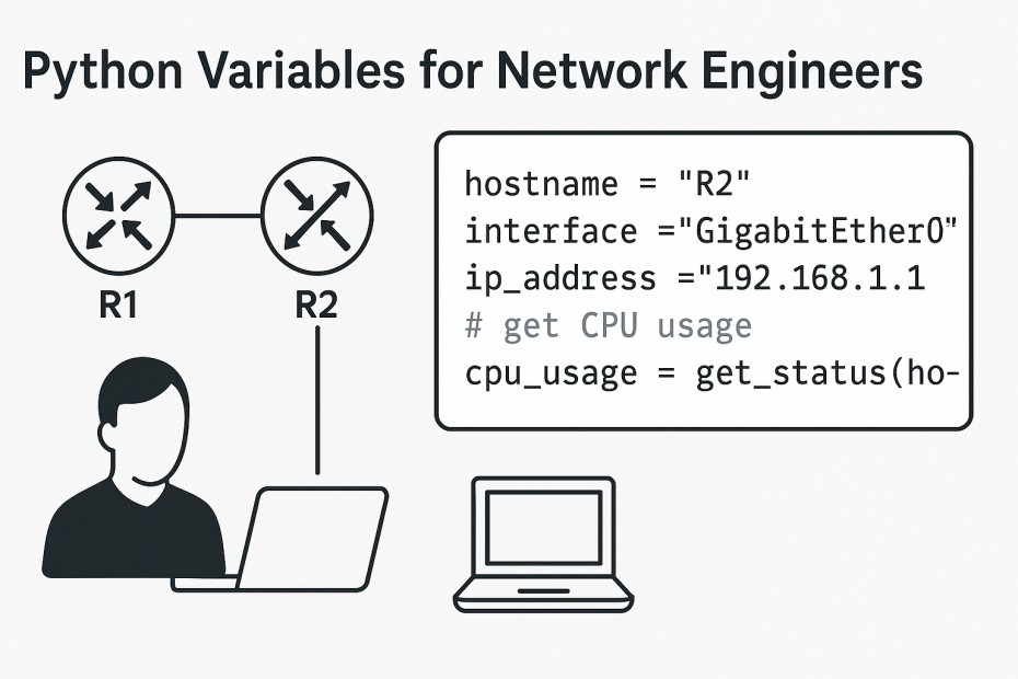 Python variables example for network engineers, showing variables like hostname, interface, and cpu_usage in a Python script gathering status from routers R1 and R2