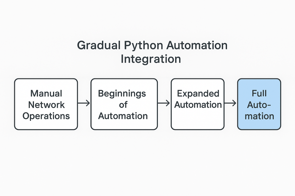 Workflow diagram showing gradual Python automation integration into existing network operations, this is why we need to learn python for network engineers so we can get to this point