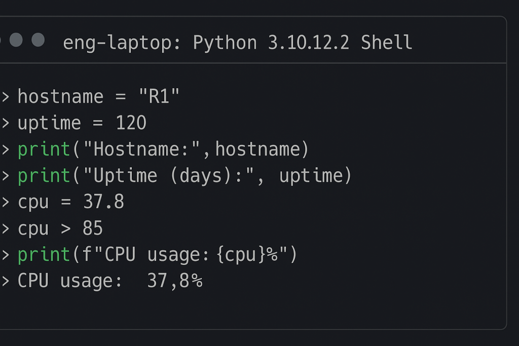 Screenshot of Python REPL writing a python script showing basic commands and outputs for network engineers.