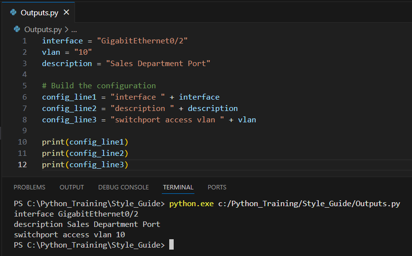 third vs code image showing python strings where multiple networking config lines have been added together