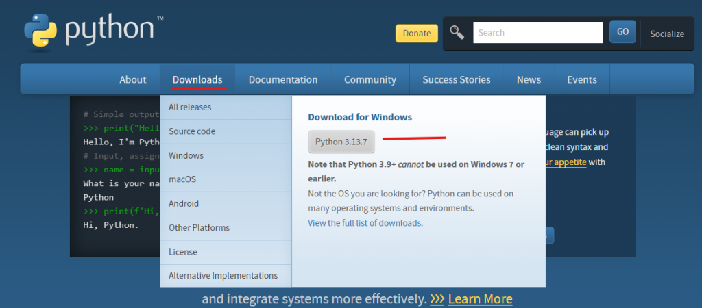 imave showing python version 3.13 which will be uses when installing python