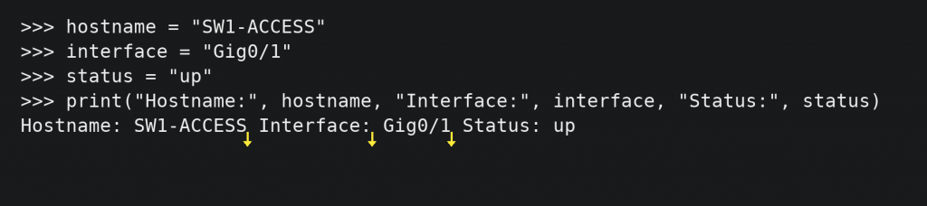 Terminal screenshot showing python print output with multiple variables, highlighting the automatic spacing between items