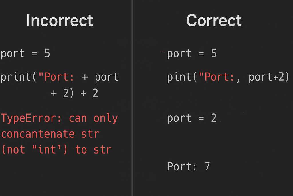 Code editor screenshot showing common python integer mistakes with error messages, demonstrating string concatenation vs integer addition