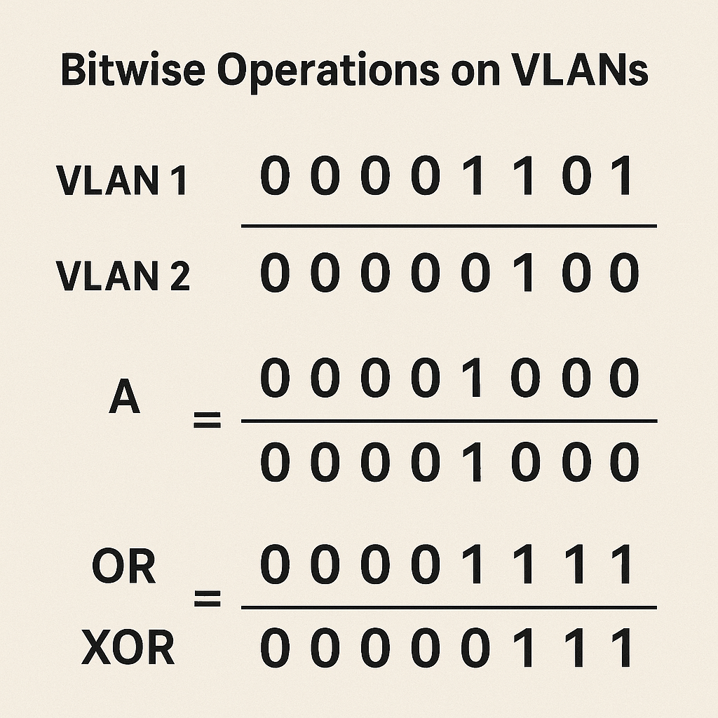 A visual diagram showing binary representations of VLAN configurations with bitwise operations applied - create an image showing 8-bit binary numbers representing different VLAN states and how AND, OR, XOR operations combine them while learning Python Bitwise Operators