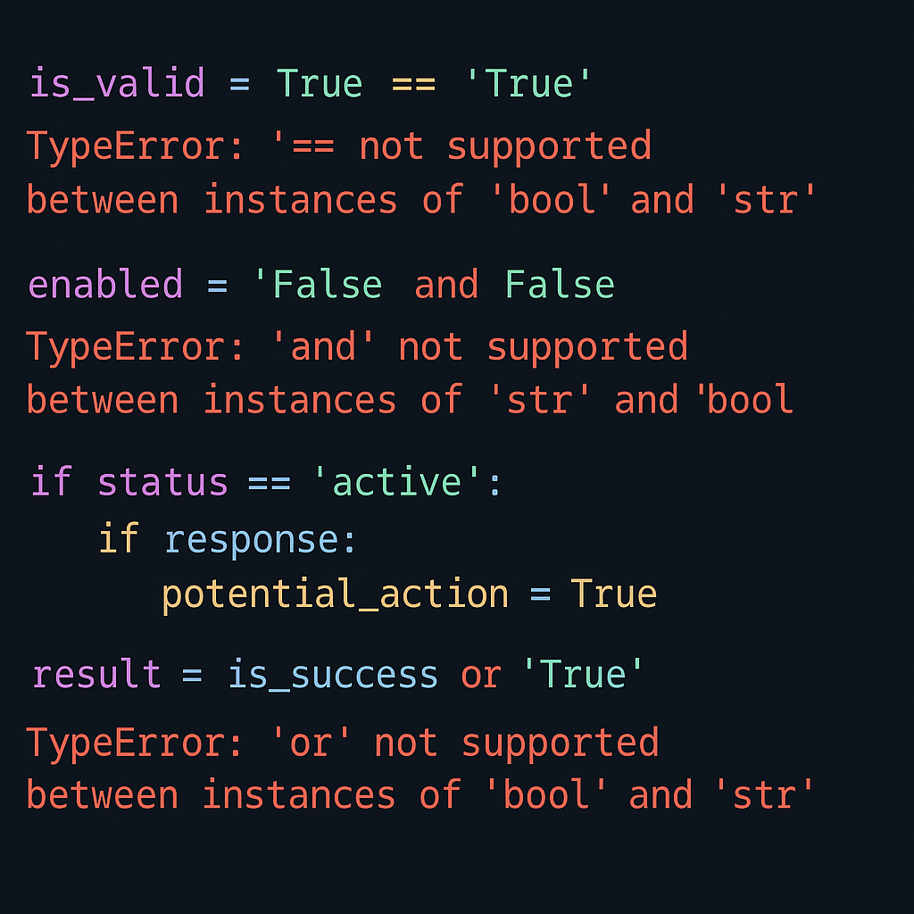 Code editor screenshot showing python booleans mistakes with error messages, demonstrating string comparisons vs boolean logic