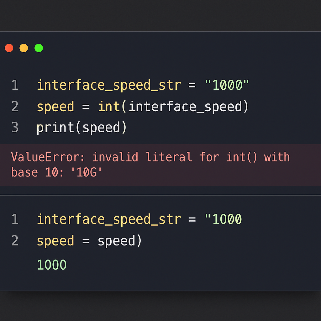 Code editor screenshot showing python type conversion errors with red error messages, then the corrected code working properly