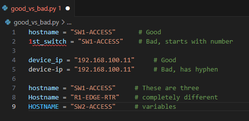 an extract of VC Code showing good vs bad pything variable names