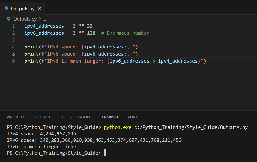 vs code snipped showing how python intergers can be used for ipv4 and ipv6 addresses