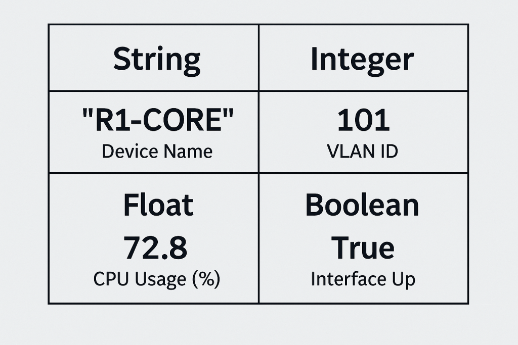 Chart of Python data types and python variables with networking examples: device name as a string, VLAN ID as an integer, CPU percentage as a float, and interface status as a boolean