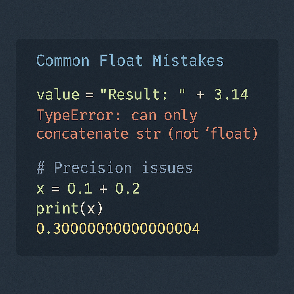 Code editor screenshot showing common python floats mistakes with error messages, demonstrating string concatenation vs float calculations and precision issues