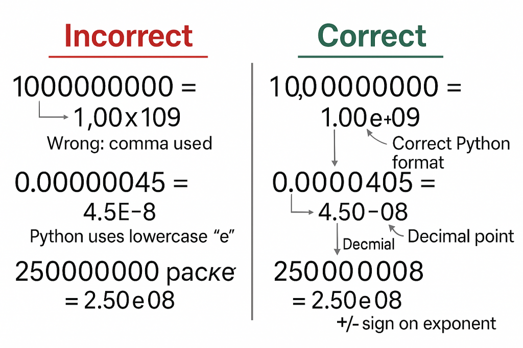 Inline image showing a side-by-side comparison of incorrect and correct python scientific notation formats for network measurements, with annotations explaining each mistake