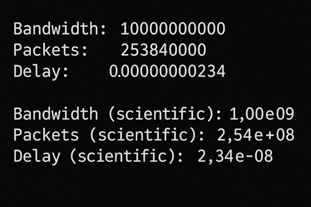 A screenshot-style image displaying Python terminal output. The output shows bandwidth and packet counts first in standard decimal form and then in python scientific notation, making it clear how Python formats each