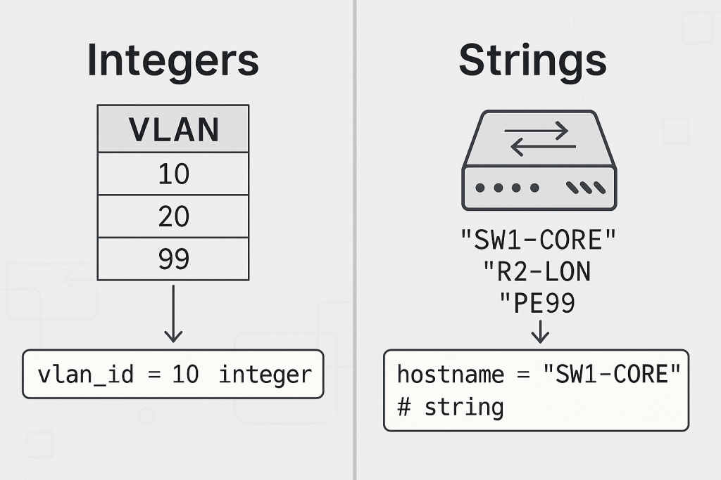 Split screen blog image comparing VLAN IDs as python integers and hostnames as strings in Python for network engineers