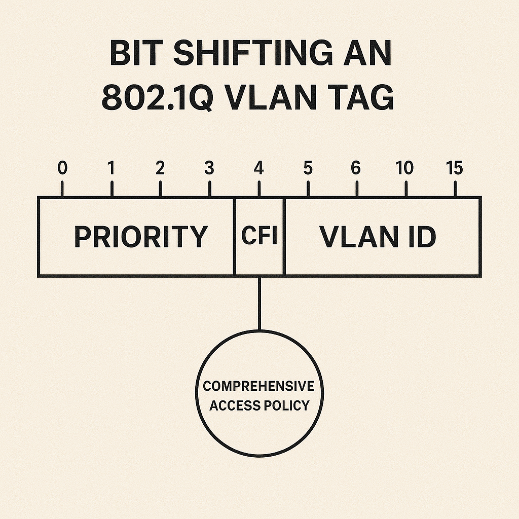 A diagram showing the 802.1Q VLAN tag structure with bit positions marked, demonstrating how bit shifting extracts different fields - show the 16-bit tag broken down into priority, CFI, and VLAN ID sections