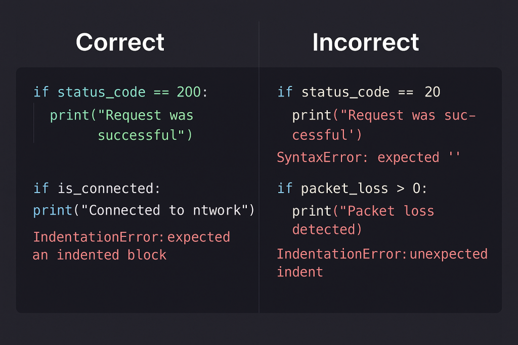 Screenshot showing correct vs incorrect python if statements syntax with clear highlighting of the colon and indentation requirements. shows Python error messages for the incorrect examples