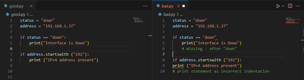 Terminal-style screenshot comparing correct and incorrect Python if statements syntax with networking examples, showing accurate quotes, colons, and indentation with real Python error messages