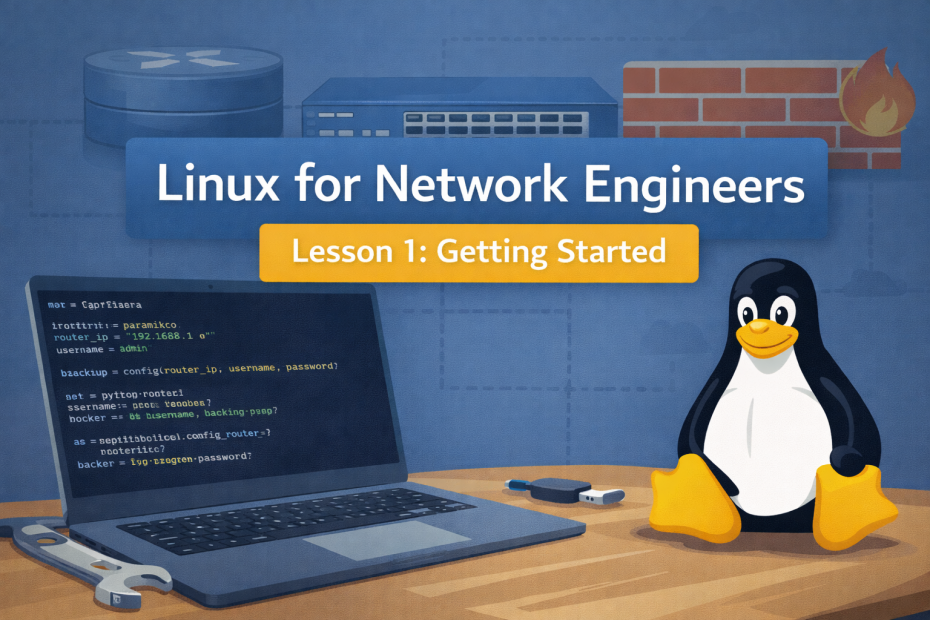 Linux for Network Engineers main post image showing the linux logo and a laptop with 3 network devices that run linux under the hood