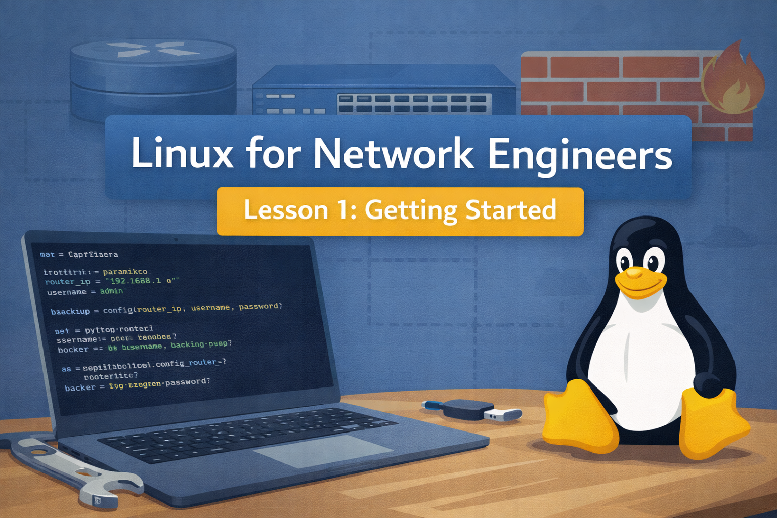 Linux for Network Engineers main post image showing the linux logo and a laptop with 3 network devices that run linux under the hood