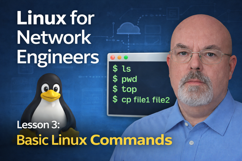 main blog image for basic linux commands post showing myself, the linux logo and some started commands in a terminal window