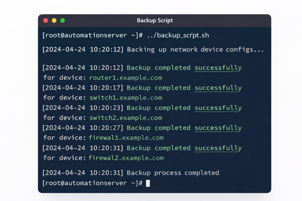 Screenshot of a terminal window showing a backup script running, with output displaying successful backups of multiple network devices