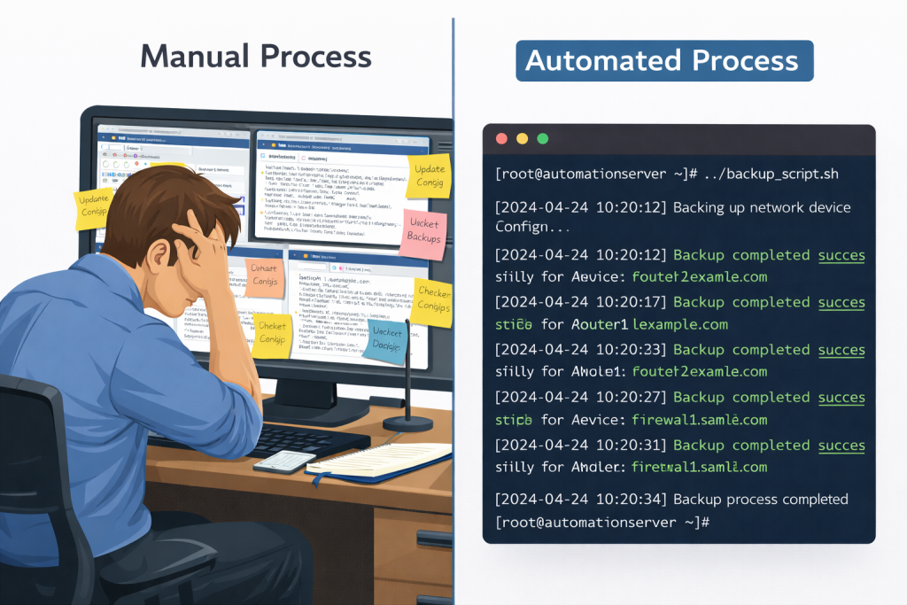 Split-screen comparison showing "Manual Process" on left (person at desk with multiple windows open, sticky notes, looking stressed) versus "Automated Process" on right (clean terminal window running a script with output showing device checks and success messages). Visual contrast between manual chaos and automated efficiency.