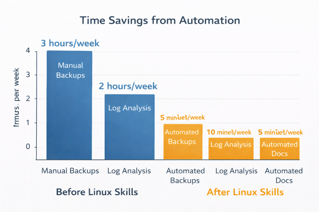 Infographic showing time savings from automation - bar chart comparing "Before Linux Skills" (manual backups: 3 hours/week, log analysis: 2 hours/week, documentation: 4 hours/week) versus "After Linux Skills" (automated backups: 5 minutes/week, log analysis: 10 minutes/week, automated docs: 5 minutes/week). Show the dramatic time difference visually