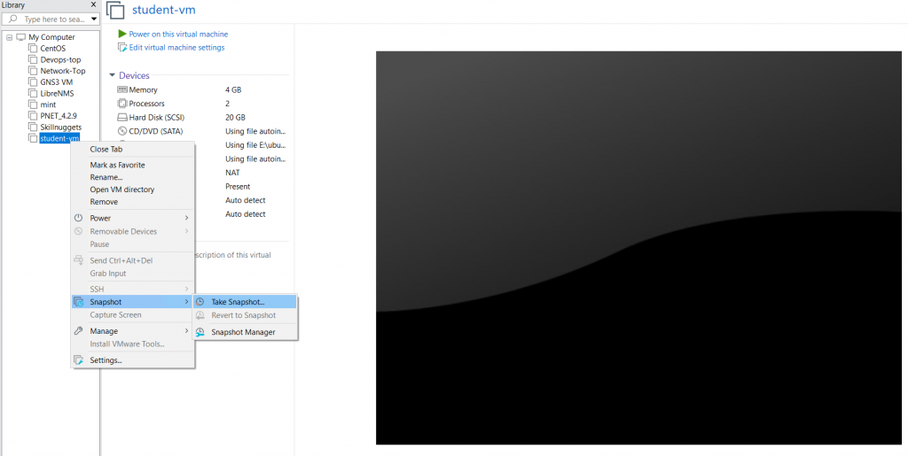 Screenshot showing the Take Snapshot dialog in VMware with "backup1" entered as the name